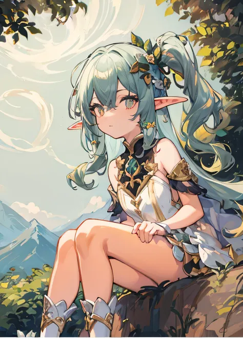 anime girl sitting on rock，the background is a mountain, elf girl, alluring elf princess knight, portrait of an elf, elf princes...