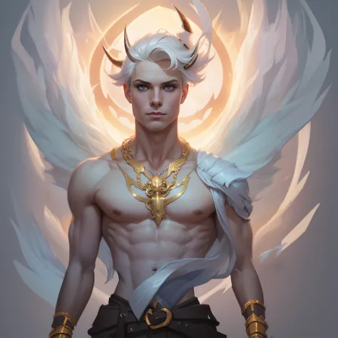 a close up of a man with a white hair and a golden necklace, fantasy male portrait, style of peter mohrbacher, in style of peter...