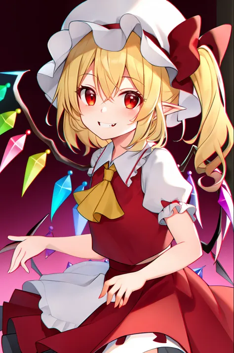 best quality, ultra high res, 1girl, solo, flandre scarlet, white soft hat, red hat bow, blonde hair, side ponytail, red eyes, s...