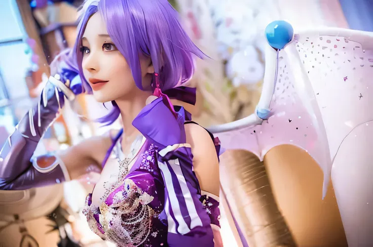 purple haired woman in purple outfit posing in a room, Anime girl cosplay, Anime cosplay, cosplay, rpgmaker, professional cosplay, Ayaka cosplay, cosplay foto, glamourous cosplay, elegant glamourous cosplay, publicity cosplay, Gorgeous Role Play, juri misa...