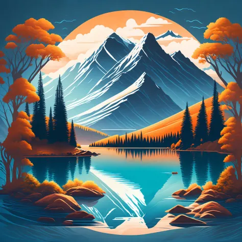 a lake in a mountain landscape, t-shirt design, midjourney, vector art