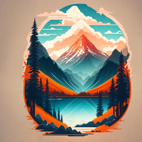 a lake in a mountain landscape, t-shirt design, midjourney, vector art