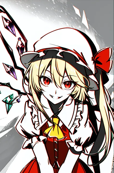 best quality, ultra high res, 1girl, solo, flandre scarlet, white soft hat, red hat bow, blonde hair, side ponytail, red eyes, s...