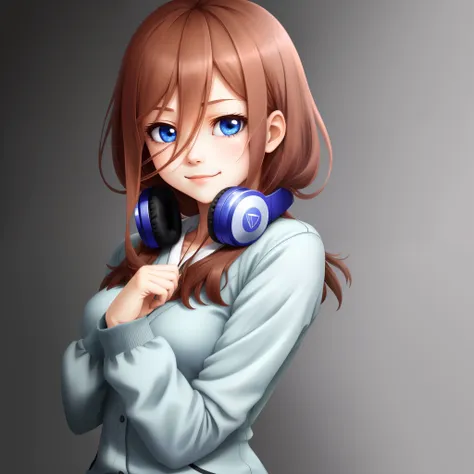 brown hair,anime girl's name is nakano sanjiu, blue eyes, blue headphones, black silk, shyness, upper body, the wallpaper, hands...