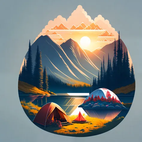 a camping tent near a lake in the montains, sunrise, flower patern, vectorial art, tshirt design