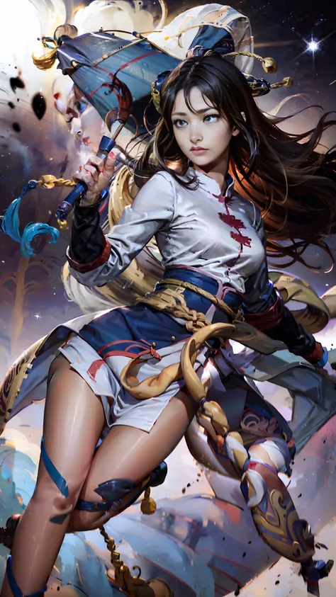 a woman in a dress holding a blue umbrella and a sword, beautiful celestial mage, inspired by Wu Li, extremely detailed artgerm, inspired by Wu Bin, yun ling, inspired by Lan Ying, heise jinyao, by Yang J, portrait knights of zodiac girl, beautiful young w...