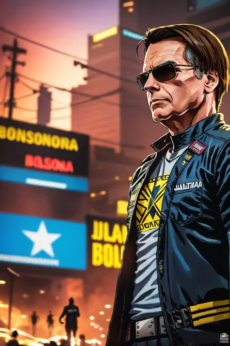 uma pintura de um jair bolsonaro, fundo, estilo cyberpunk 2077, jauqeta roxa, noite, kinematic lighting, ultra detalhada