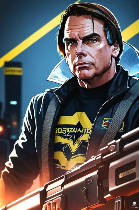 uma pintura de um jair bolsonaro, fundo, estilo cyberpunk 2077, jauqeta roxa, noite, kinematic lighting, ultra detalhada