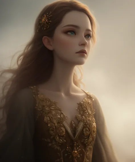 humble angel, fog, fantasy, ultra wide shot, photorealistic, eyes, (pixarstyle:1.2), Helene Knoop, pupils, hypermaximalised, face, detailed skin, ornate dress, beautiful, good anatomy, detailed and intricate, centered, skin pores, subsurface scatter...