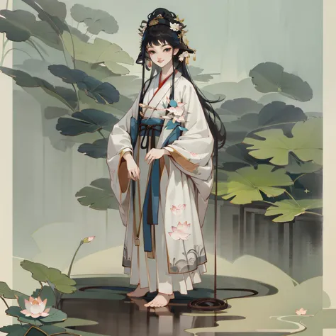 ((4k,masterpiece,best quality)), shuimobysim, traditional chinese ink painting, lotus, hanfu, maxiskit, dress conservatively 1girl, solo, long blue hair, smile, standing, feet in the water, barefoot, --auto