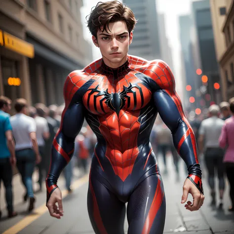 1 homem peter parker   como homem aranha, looking-into-camera,  Walking in the crowd, hiper-realista, Nikon Camera Picture Blur, obra-prima, realista, qualidade superior --auto --s2
