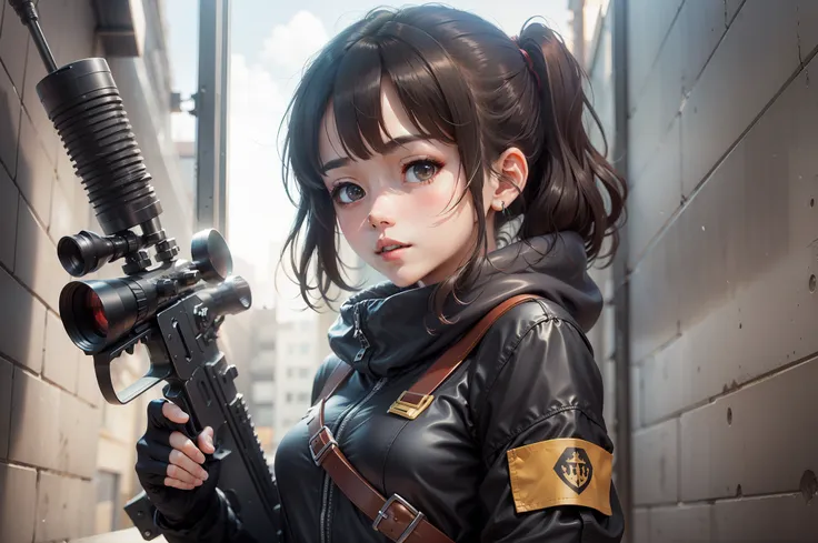 jk girl wearing black silk holding a sniper rifle，k hd，rays of sunshine