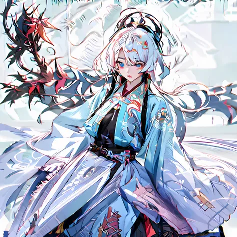 anime girl in blue dress with dragon wings and a dragon, onmyoji detailed art, onmyoji, onmyoji portrait, white-haired god, keqi...