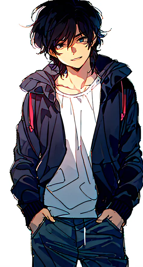 a drawing of a man in a jacket and jeans standing, como um personagem de anime, estilo anime masculino, em um moletom preto, punk, homem bonito anime, com capuz, inspirado em Yamagata Hiro, cara de anime alto com olhos azuis, pose de anime bonito, Estilo M...