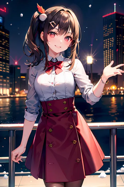 Early winter morning,A brunette girl performs solo music,Look directly into the audience,Smiling,She wears a bow hair ornament,The pupils glow red。Downtown Street View in the background,Shot with Cowboy Shot。