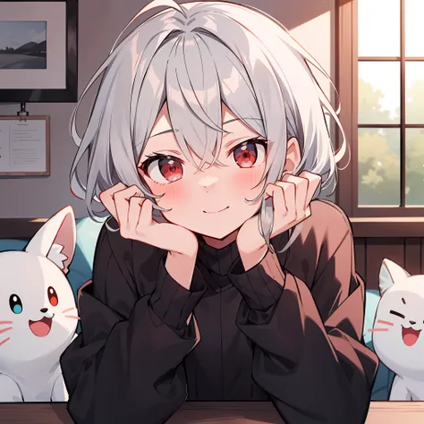((tmasterpiece)),(((best qualtiy))),(high high quality,breath-taking),(Expressive eyes,s the perfect face), 1boys, 独奏, male people, Curta, 年轻, younge boy, Short gray hair, red eyes, ssmile, Be red in the face, Long-sleeved sweater, shortpants, inroom, adol...