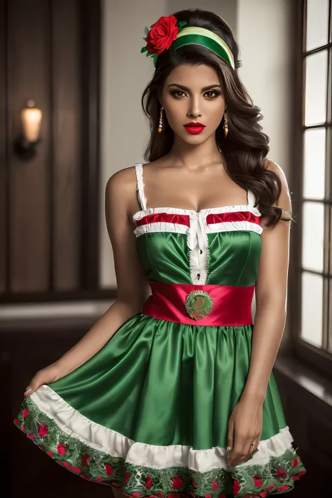 Arafed woman in a typical Mexican costume colored colors green, white and red and a colorful headband, Mulher mexicana bonita, Ornamentos coloridos, fernanda suarez, Parece Laura Barriales, mulher linda, Karla Ortiz, Directed by: Rodolfo Morales, andrea ro...