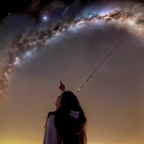 there is a woman that is flying a kite in the sky, shooting star in background, Looking at the sky, looking up into the sky, pointing to heaven, she is approaching heaven, spaceship in the sky, girl looks at the space, meteors, looking up into the sky, loo...