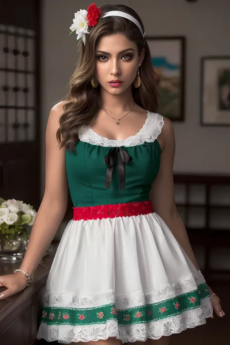 Woman light brown skin and green eyes in a typical Mexican costume colored green colors, white and red and a colorful headband, Mulher mexicana bonita de olhos verdes, Ornamentos coloridos, fernanda suarez, Parece Laura Barriales, mulher linda, Karla Ortiz...