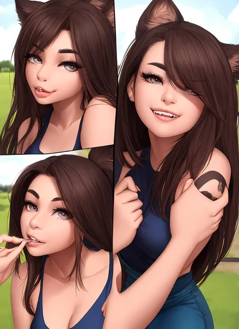 photo of a brunette womans face whos nose is growing into a hybrid dog snout. transformation. dog chimera. her nose has dog nostrils. jaw extending. long snout. close up on nose. shes wearing pants. Bulging Shirtless. shes at a dog park. she has human eyes...