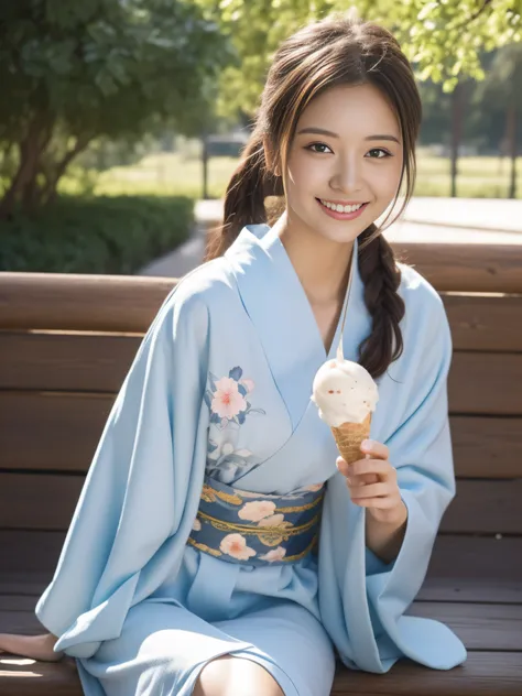 ((beste-Qualit))、((The ultra -The high-definition))finely detail、(((Beautiful One Girl)))、extremely detailed eye and face、Yukata with a light floral pattern、A slight smile、a park、poneyTail、sit on a bench、(((Ice cream)))