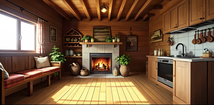 create a cozy illustration of the interior of the wooden house. ao entrar, you are faced with a warm and inviting environment. t...