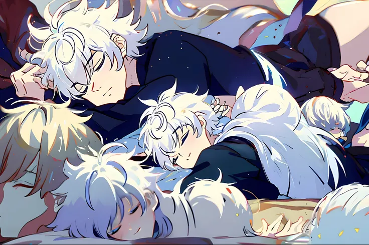 1boys, killua_zoldyck, white hair, solo, focus, lay down, in the side, sleeping, closed eyes, bed,