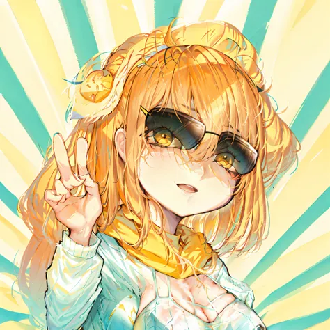 orange hair with sunglasses, scissor hands, blonde hair accessories, long hair, looking up, white dress, cyan background