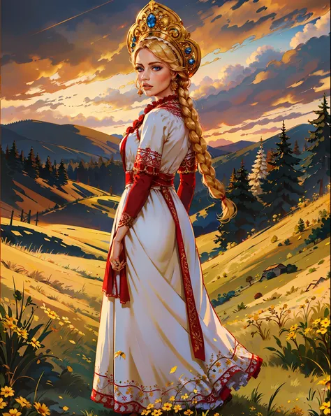 1girl, full body of beautiful blonde lady in white dress with ornate red frills, arms behind back, blue eyes, braid, kokoshnik h...