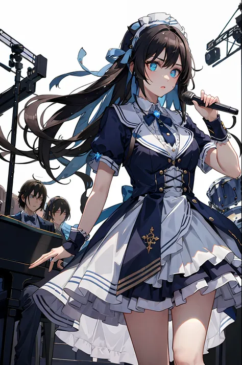 a dark-haired，length hair，blue streamer pupils，lolita，crystal，stage，mike，musical note