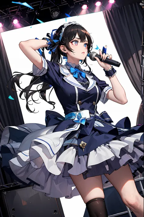 a dark-haired，length hair，blue streamer pupils，lolita，crystal，stage，mike，musical note