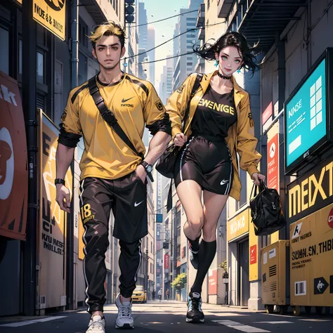 Best Quality,Masterpieces,A woman,Ultra-high resolution fills the picture,Indoor at night,Neon lights,Yellow color scheme,Wasp yellow,Hair,black color hair,Yellow and black tights,Yellow and black color scheme clothing,the complex background,Weight instrum...