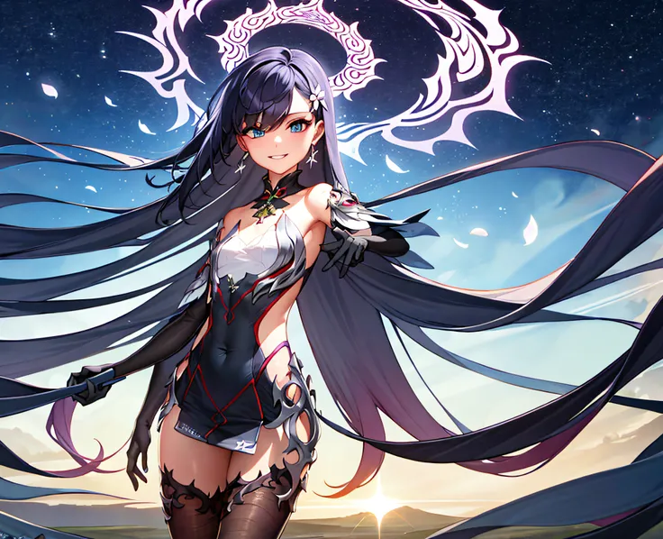 solo, beautiful female, wuxiaworld, Ancient Chinese Articles of Clothing, wind blow, blossom, on the fog road, long hair, gradient hair, black hair, blue hair, purple hair, silver hair, long hair, lonely, ray tracing, reflection light, depth of field, clos...