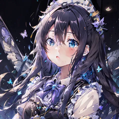 kizi，length hair，black-hair，blue pupil，eye streamers，crystal，academy，lolita，unmanned stage，starrysky，purple butterfly