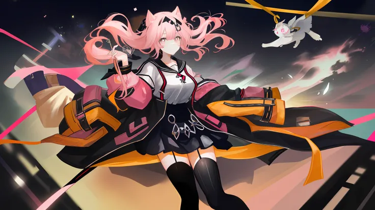 超高分辨率,Best picture quality,tmasterpiece,Extremely delicate girl,Golden pupils,A pink-haired,slender leg,Be red in the face,shylily,Sailor collar,Short top,Large coat with a plastic upper part black and a pink lower half,pleatedskirt, Light black striped su...