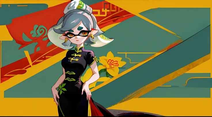 the character of marie from the game splatun stands in a full-length chinese qipao dress sexy