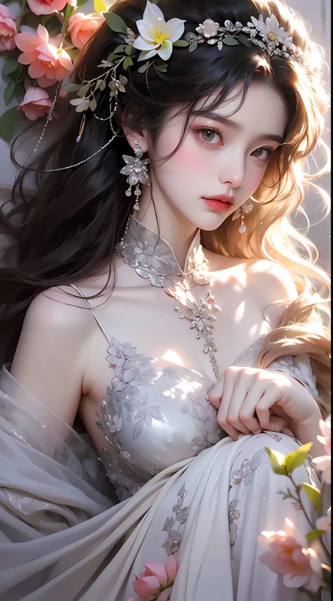 see -through、ren hao、show shoulders、one hand resting on his lips、white phalaenopsis around the hair，lilac dendrobium、orange lily...