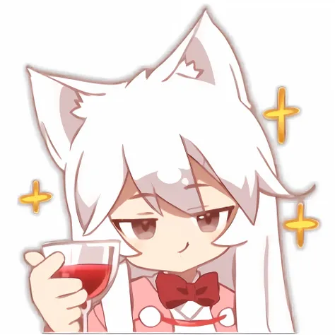 Anime boy with gray hair holding a glass of wine, White-haired fox, nyaruko-san, nekomimi, White-haired boy, drinking a drink, , Anime moe art style,drag!