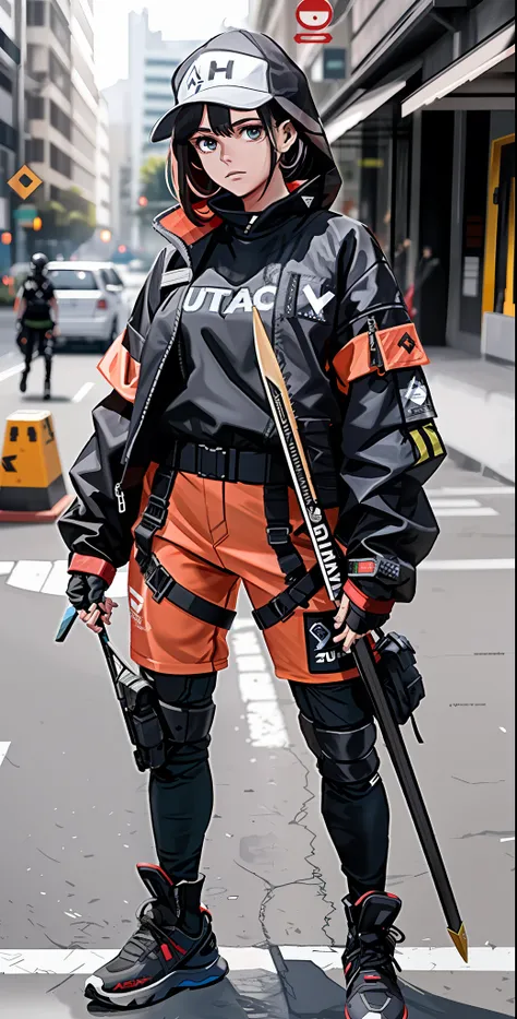 Menina,techwear, segurando arco e flecha apontado, ((ultra detalhado ))