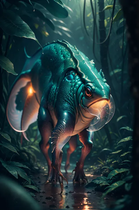 big creature luke dinozaur with six legs creature with transparent and lighting body, walking on all six legs, (((cuttlefish hea...