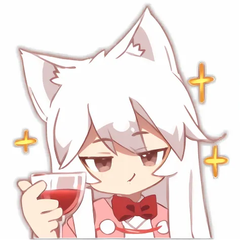 Anime boy with gray hair holding a glass of wine, White-haired fox, nyaruko-san, nekomimi, White-haired boy, drinking a drink, , Anime moe art style,Arrogant