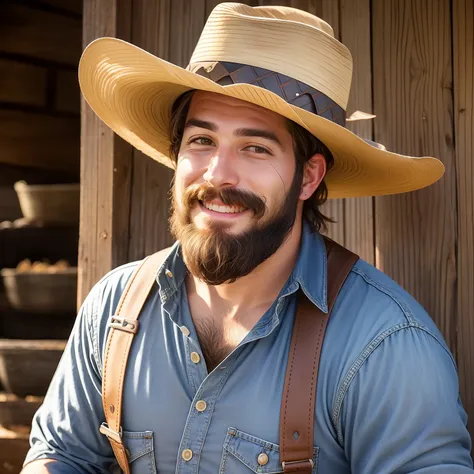 a photorealistic portrait of a young man in a rancher clothes', a tan shirt, suspenders and blue jeans wearing a rancher hat, hy...