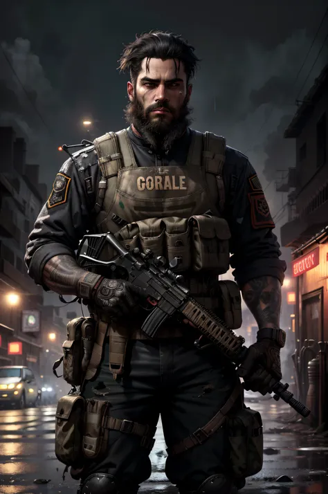 black hair guerrilla with black worn uniform and assault vest, uses assault rifle, ruined background, realistic, elegant, hdr, i...