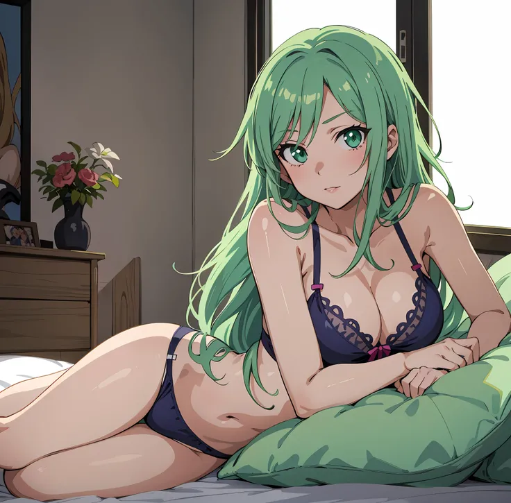 anime girl laying on bed in underwear and panties with green hair, seductive anime girl, anime best girl, rogue anime girl, attractive anime girl, beautiful alluring anime teen, anime moe artstyle, sexy girl with green eyes, marin kitagawa fanart, rei hiro...