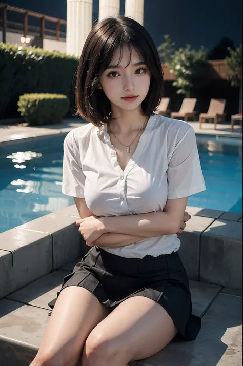 korean school uniform、school uniform shirts、bow ribbon、skirt by the、light brown hair、poolside at night school、poolside bench at ...