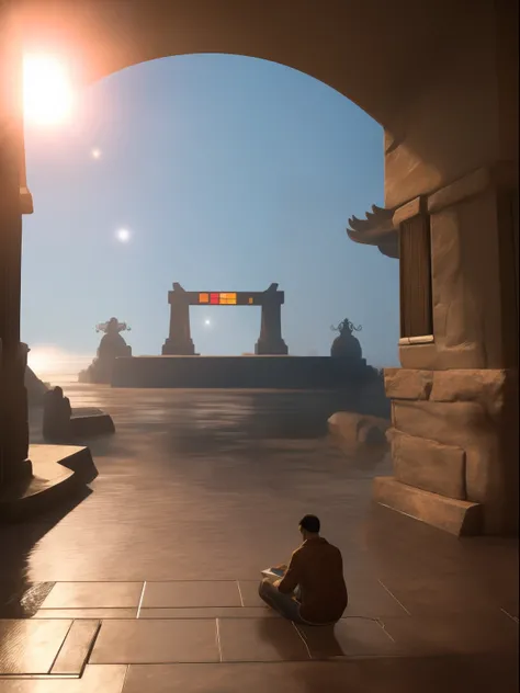 (best qulity,The Masterpiece),(Ultra-detailed colors),A handsome 35-year-old Chinese astrologer meditates around the totem of the second house of the ecliptic,Constellation Temple,ultra realist,observatory,Monk China,Mens bright blue transparent G-thongs,b...