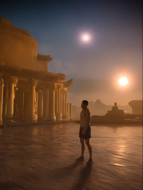 (best qulity,The Masterpiece),(Ultra-detailed colors),A handsome 35-year-old Chinese astrologer meditates around the totem of the second house of the ecliptic,Constellation Temple,ultra realist,observatory,Monk China,Mens bright blue transparent G-thongs,b...