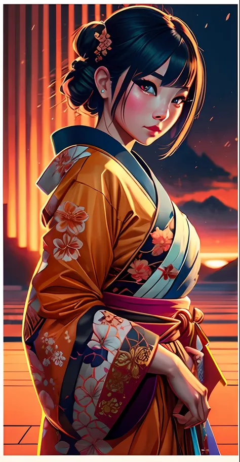 onmyoji,japanese woman, hyper-detailing, warm tones, intricate details, volumetric, art by iliya kuvshinov, a glaring eyes, dvar...