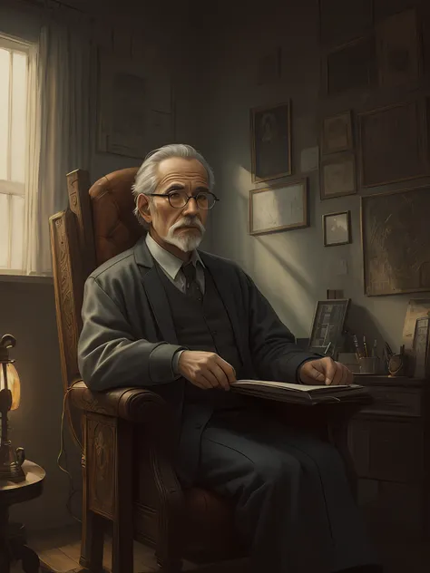 oldman in chair, complex stuff around, intricate in the background, art, close up, painting, detailed, cartoon, cinematic shot, ...