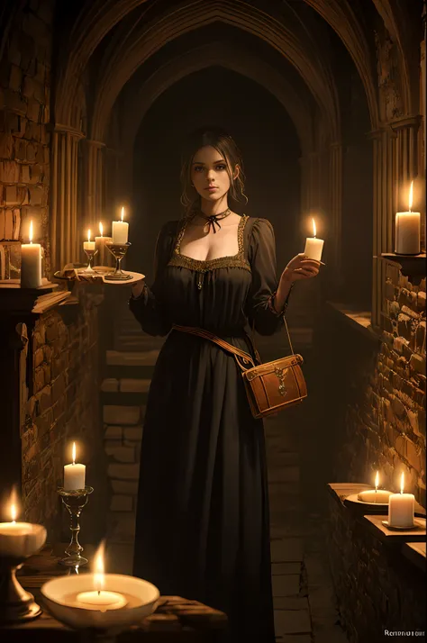 Luminescence Inside an old crypt in medieval England, mad and beautiful bar girl, narrow waist, medieval long dress,Half chest exposed,Holding a iar of blood whiskey with a group of male guests,Candle light and shadow,Cinematic lighting,Soft focus effect,D...